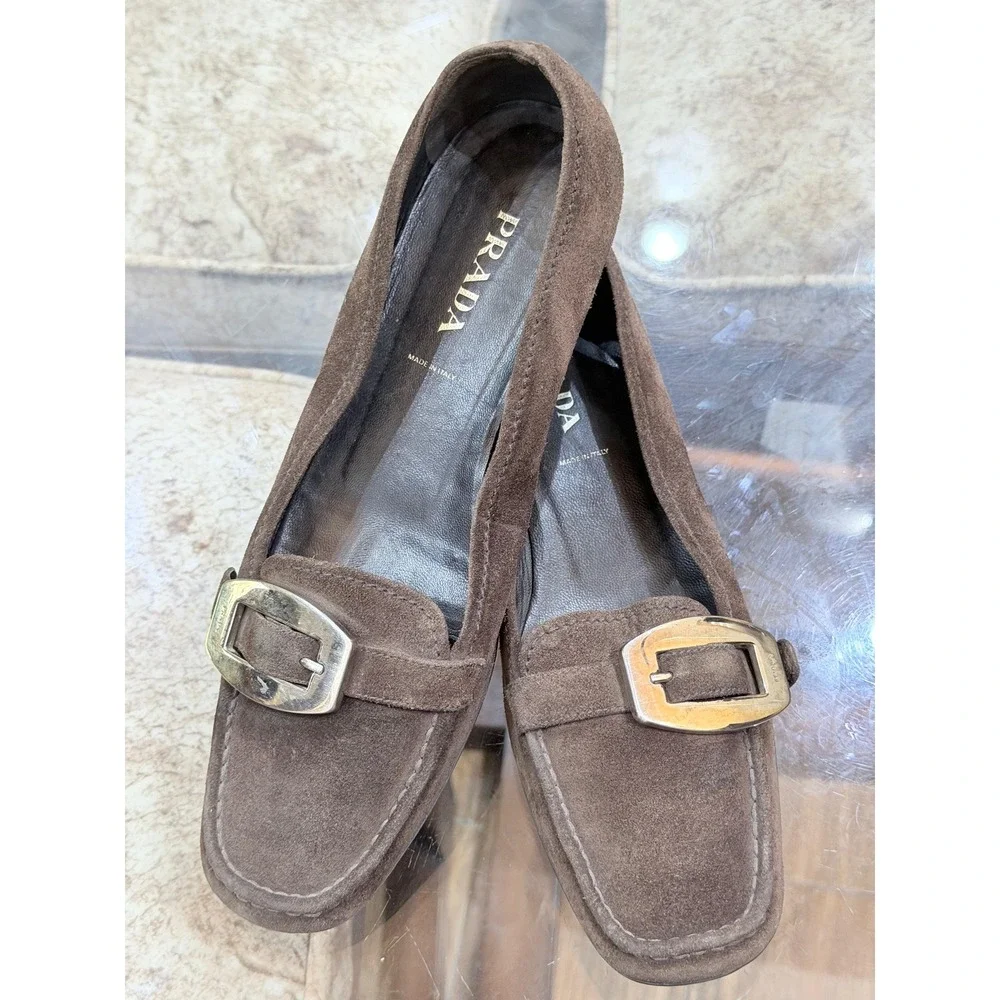 Prada Brown Suede Buckle Loafers Square Toe Flats Made in Italy Size 39 EU